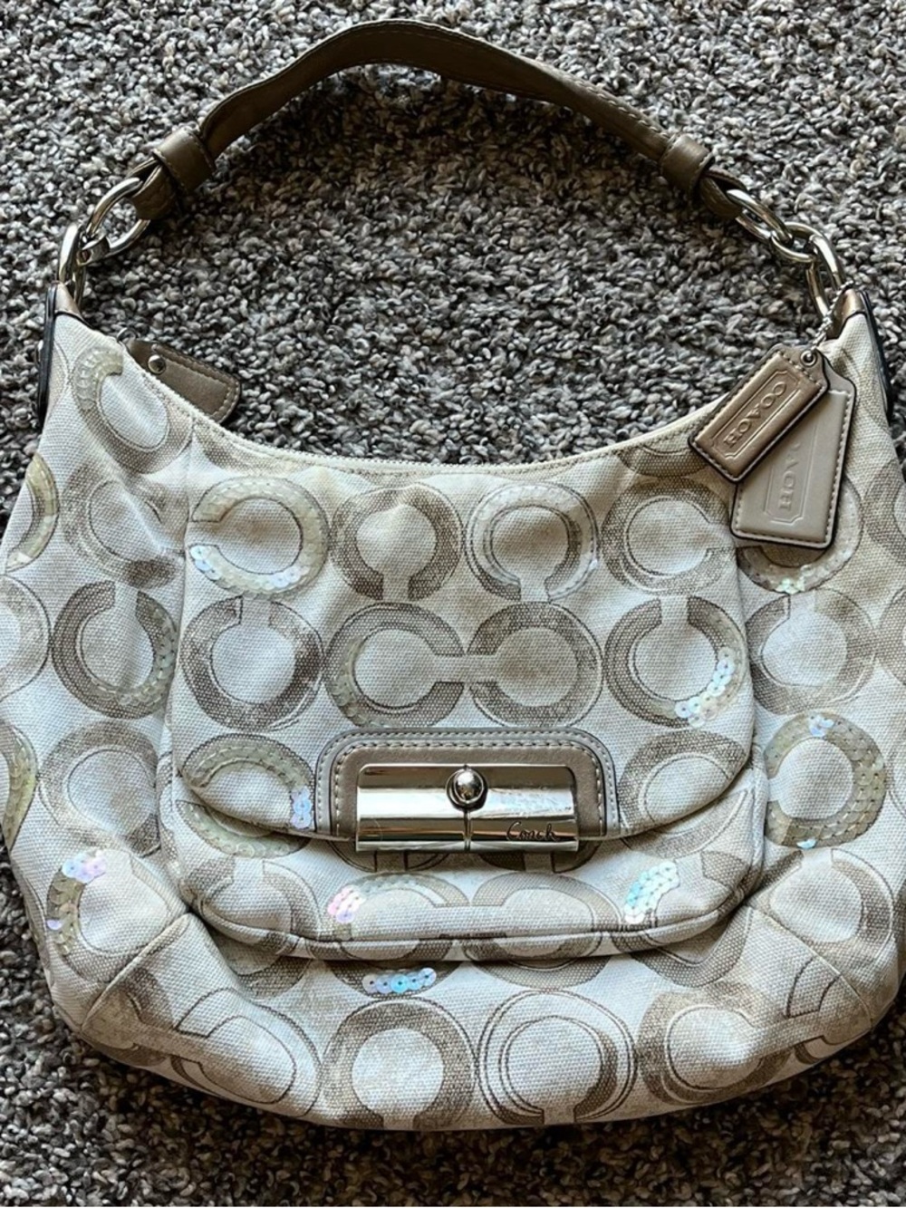 Coach Beige Signature Sequin Hobo Bag with Tan Leather Strap